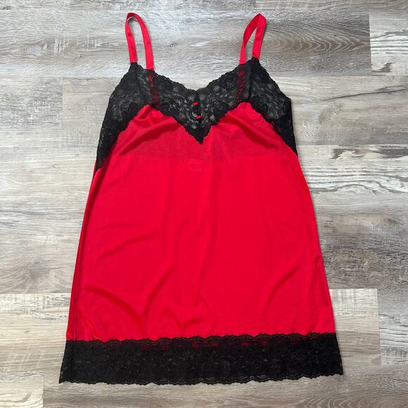 Avon Style Red Satin Slip Dress with Black Lace Trim and Button Front - Picture 1 of 6